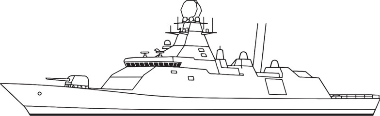 Next Generation Warship Stealth Naval Vessel Line Art Vector Illustration Side View © Hue