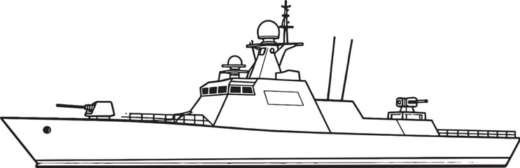 Naval Corvette Warship Military Ship Line Art Vector Illustration Side View © Hue