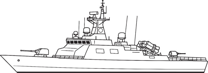 Naval Escort Ship Warship Military Vessel Line Art Vector Illustration Side View © Hue