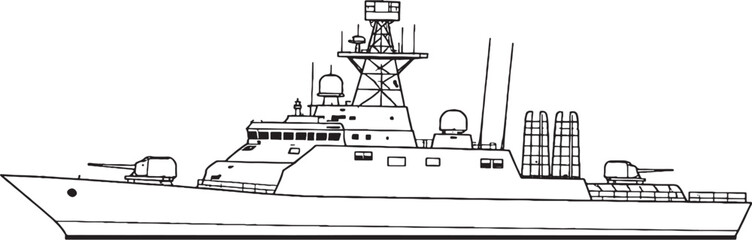 Multi Role Warship Naval Vessel Military Ship Line Art Vector Illustration Side View © Hue