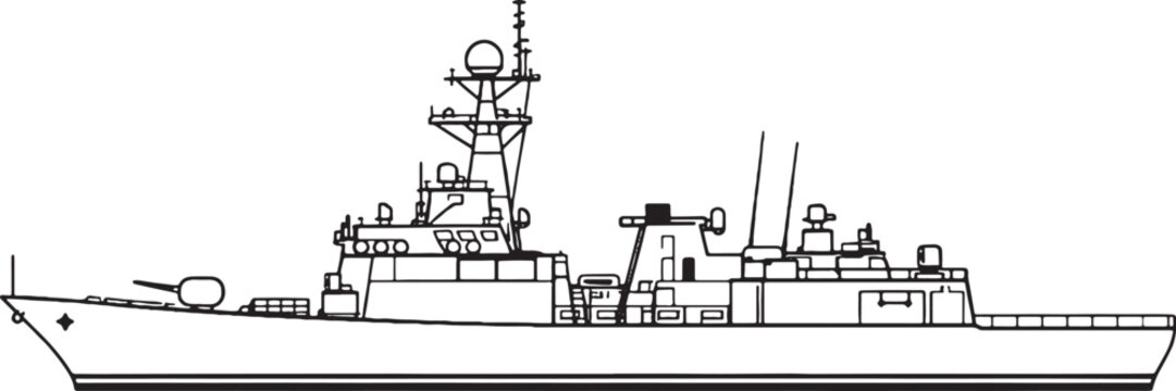 Naval Frigate Warship Military Vessel Line Art Vector Illustration Side View
