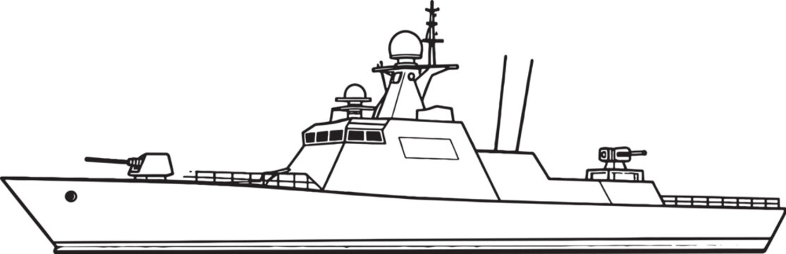 Naval Corvette Warship Military Ship Line Art Vector Illustration Side View