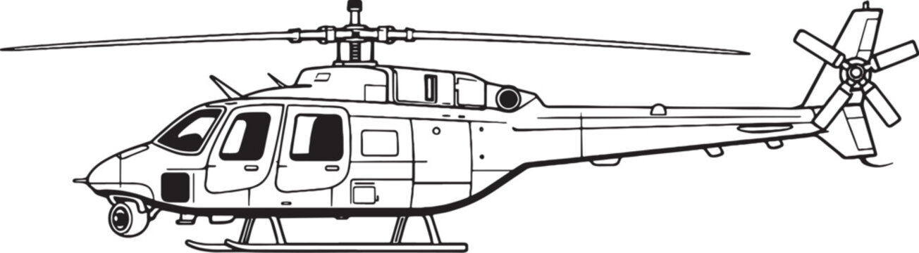 Patrol Helicopter Line Art Vector Illustration Military Surveillance Aircraft Side View