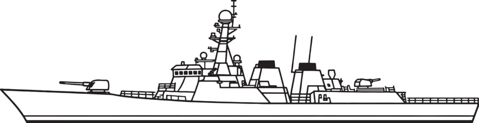 Heavy Destroyer Warship Naval Vessel Military Ship Line Art Vector Illustration Side View © Hue
