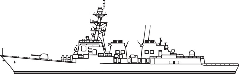 Guided Missile Destroyer Warship Naval Vessel Line Art Vector Side View © Hue