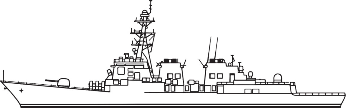 Guided Missile Destroyer Warship Naval Vessel Line Art Vector Side View