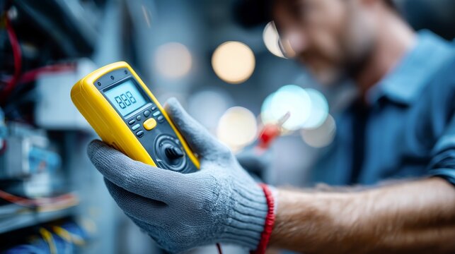 Electrician testing distribution board with digital multimeter