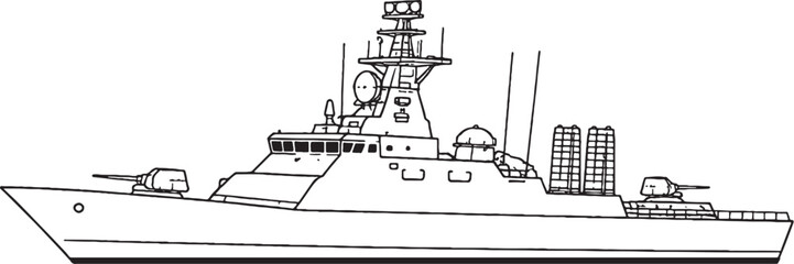 Air Defense Warship Naval Vessel Military Ship Line Art Vector Illustration Side View © Hue