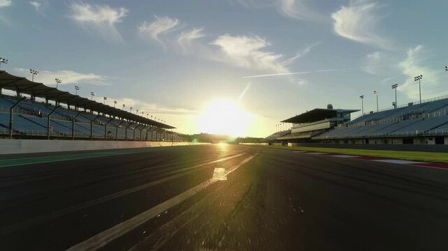 Empty asphalt race track at sunset with sun flare between grandstands under blue sky and wispy clouds, concept for championship success, motor racing events and automotive advertising