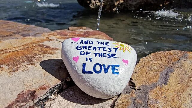 And the greatest of these is love kindness rock with water fountain in background