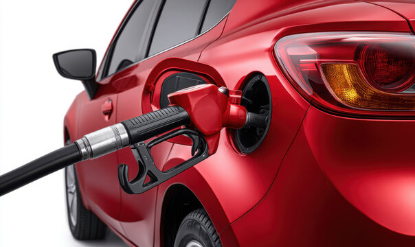Red car fuel pump nozzle refueling vehicle at gas station, close up of open fuel tank cap and nozzle inserted, shiny metallic paint and rear light visible