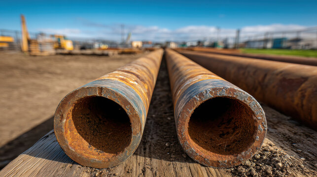 Rusty metal pipe on industrial yard with shallow depth of field, weathered steel tube showing corrosion and texture, leading lines draw eye toward distant construction area and blue sky