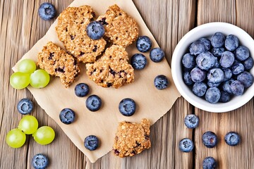 Fototapeta premium Delicious homemade cookies with blueberries and fresh grapes on a rustic wooden table