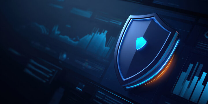 Secure blue shield icon protecting network data and glowing analytics dashboard, digital cyber security concept with dynamic light and abstract financial charts