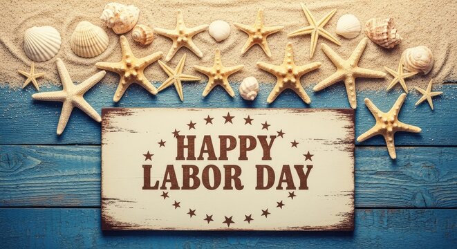 Happy labor day celebration with starfish and shells on beach background