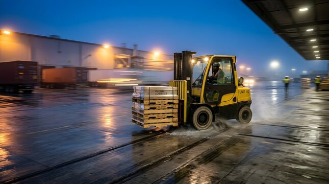 Yellow forklift transporting loaded wooden pallets outside a warehouse at night on wet pavement.