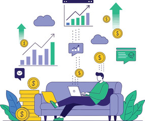 Naklejka premium Financial growth flat vector illustration, man working on laptop for passive income, investment success and wealth management concept