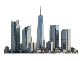 Fototapeta premium Modern urban skyline featuring tall glass skyscrapers and office buildings isolated on a black background isolated on transparent background