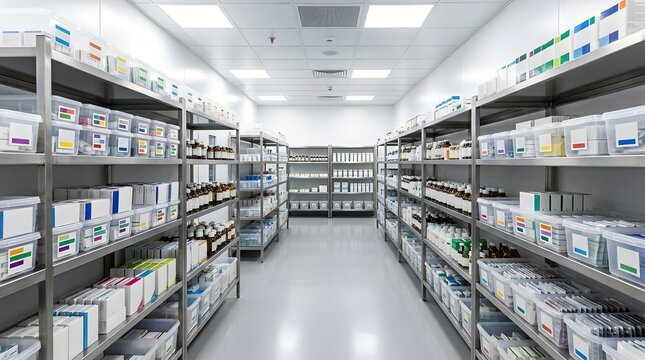 Modern pharmaceutical storage room with organized medicine boxes and bottles on stainless steel shelves.