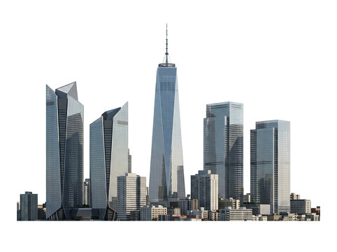 Modern urban skyline featuring tall glass skyscrapers and office buildings isolated on a black background isolated on transparent background