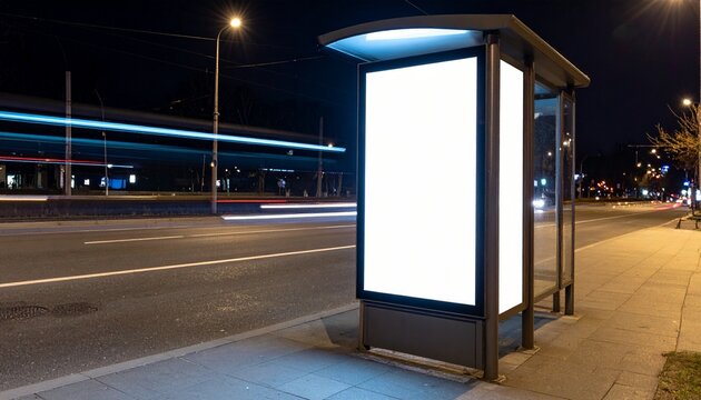 A bus stop with a large light box advertisement at night on a sidewalk