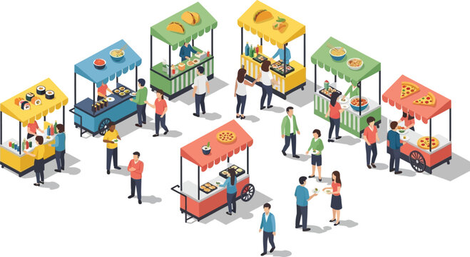 Isometric street food market with vendors and customers, outdoor festival food stalls set, 7 colorful kiosks with people, vector illustration