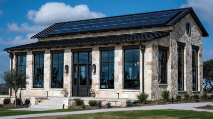 Fototapeta premium Modern stone house with solar panels on roof under blue sky