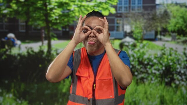 Man wearing orange reflective vest forms hand binoculars over eyes in front of building; playful mischief.