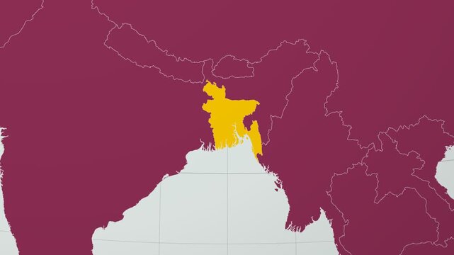 Bangladesh map. Animated zoom into the country on the Globe in Pale Mint Dark Pink color palette. Country logo animation with round text and airplanes. Map with meridians, parallels. Appealing video.