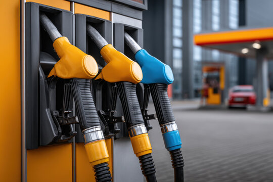 Yellow and blue fuel nozzles at modern fuel pump station with forecourt canopy and blurred car in background conveying refueling scene and urban service convenience