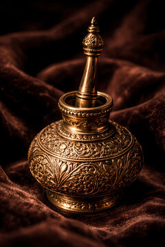 AI generated close-up of a vintage handcrafted brass kohl container Surma Dani with intricate engravings