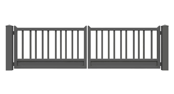 Gray metal gate with vertical bars.