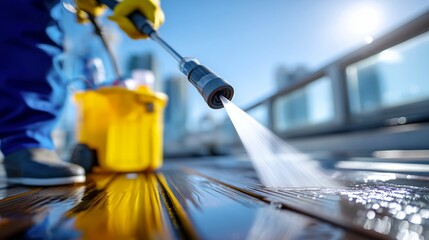 Fototapeta premium Person pressure washing wooden terrace in bright sunlight