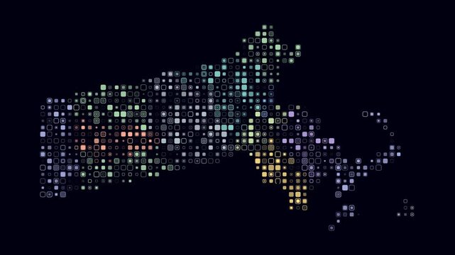 Massachusetts animation. Shape of the state with pulsating colored dots. Small size rounded square blocks. Digital style map on dark background. Vibrant video.