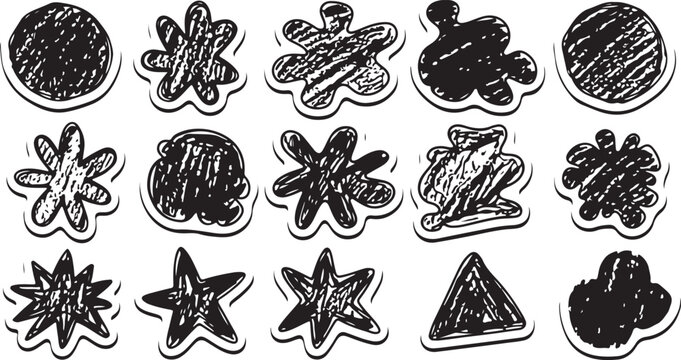 A playful set of hand-drawn shapes and icons with a white border sticker effect. Featuring stars, flowers, triangles, and circles filled with messy crayon scribbles and pen hatching.