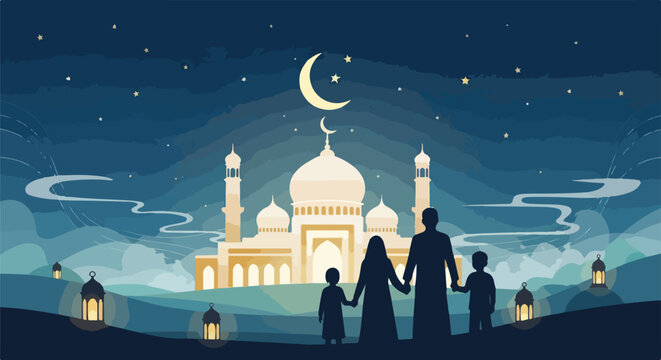 Silhouettes of family and mosque at night, lanterns, crescent moon