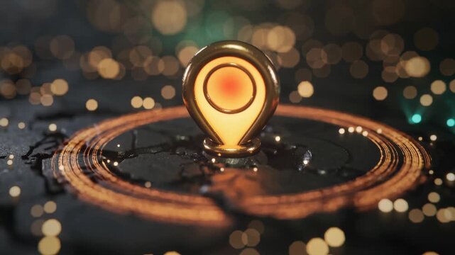 Glowing golden location pin marker on a dark textured relief world map with warm bokeh light background, concept for global navigation, logistics management and travel marketing