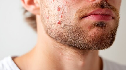 Fototapeta premium Close-up of Male Face with Inflamed Acne Clusters on Jaw and Chin Area