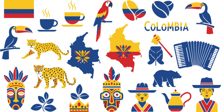 Colombia culture vector icon set featuring flag, wildlife, coffee, traditional masks, map, musical instruments and national symbols illustration