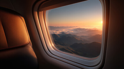 Naklejka premium Golden hour mountain sunrise seen from airplane window with leather seat illuminated by warm light, peaceful aerial view and soft clouds creating serene travel atmosphere