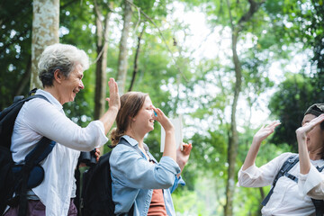 Obraz premium Camp party outdoor holiday relax with friends in forest, joyful group high five together, enjoying nature, adventure, happiness, bonding, and fresh air in green woodland setting
