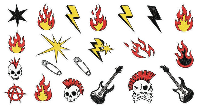 An edgy, hand-drawn collection of punk rock and rock n' roll icons featuring mohawk skulls, electric guitars, lightning bolts, safety pins, and vibrant fire flames.