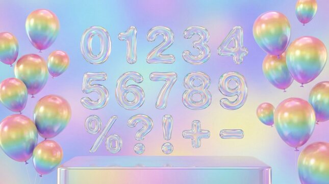 3d glass holographic liquid transparent numbers font from 0 to 9, percent sign, question mark, exclamation, plus and minus symbol. Rainbow glossy balloons with gradient render. 3D illustration