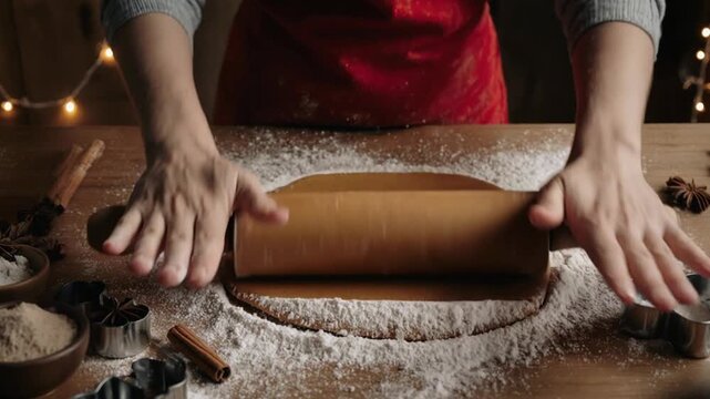 Woman rolling dough on wooden table.