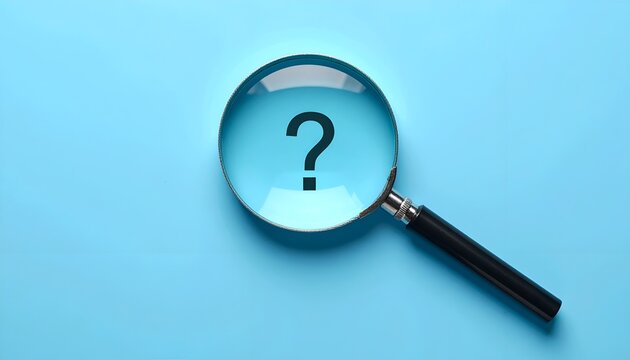 Magnifying glass highlighting a question mark on blue background, symbolizing search, curiosity, problem solving, and investigation.