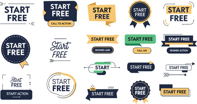 A collection of vibrant colorful start free call to action badges and labels in various shapes and styles are displayed high quality professional