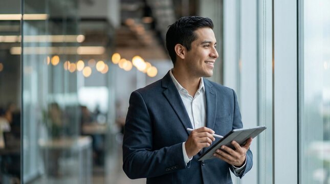 Happy Young Hispanic Businessman Holding Digital Tablet in Office
