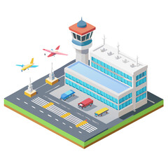 Fototapeta premium Modern airport terminal facility features multiple airplanes parked at gates with control tower and active runway strips.
