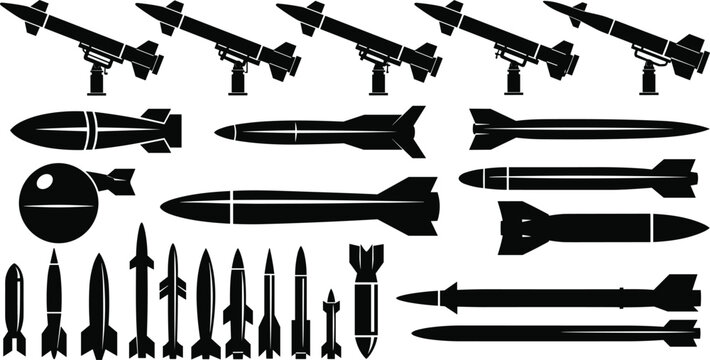 Missile and rocket silhouette lineup illustration, launch system artwork, military defense design concept, black and white vector template set