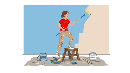 Fototapeta premium A person painting a wall with a roller.